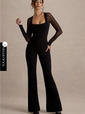 Club L London Black Sheer-Sleeve Flared Jumpsuit